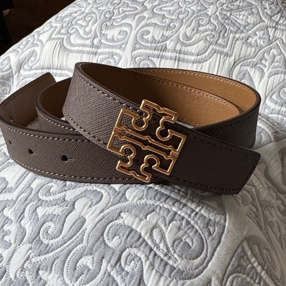 Tory Burch Dark Brown Belt with Gold Logo Buckle